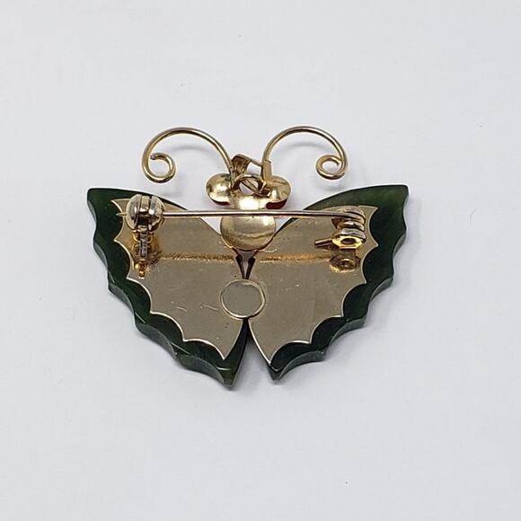 Gold-tone & Faux Jade Green Stone Red Eye Butterfly Brooch - Picture 6 of 8